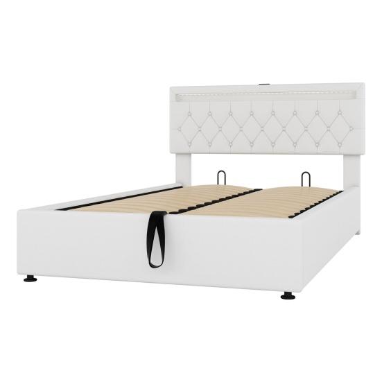 Sleeping Bed 140x200CM Platform with LED Ambient Light 24-Button Remote Control USB Type-C Charging Port Bedroom Double Modern White/Grey Large