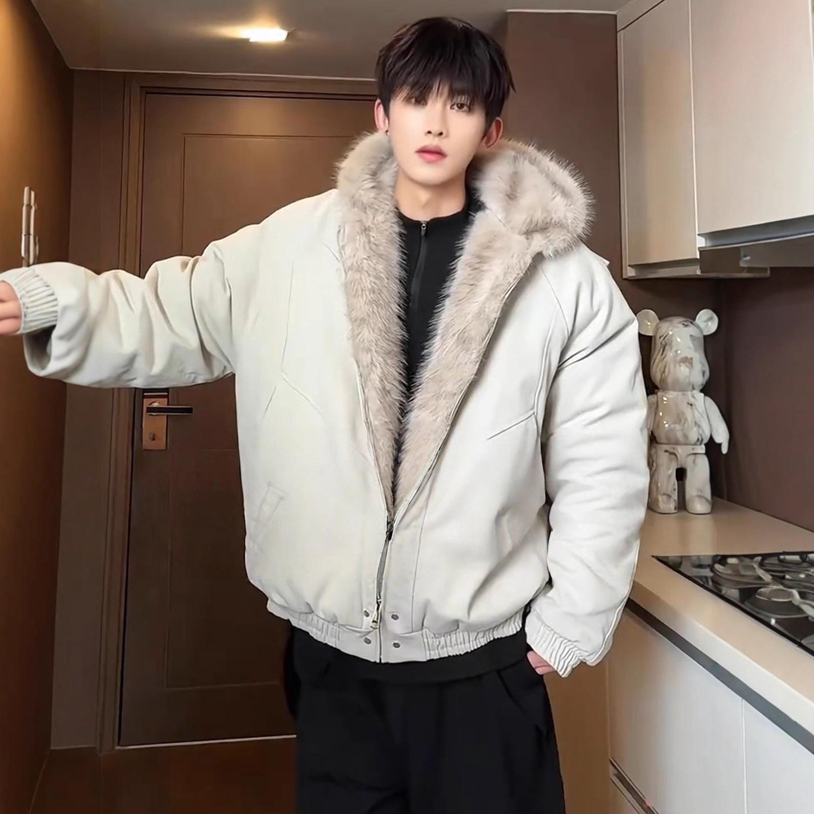 

American High Street Men s Fur Collar Winter Parka - Loose, Thickened Style for Couples XXS білий