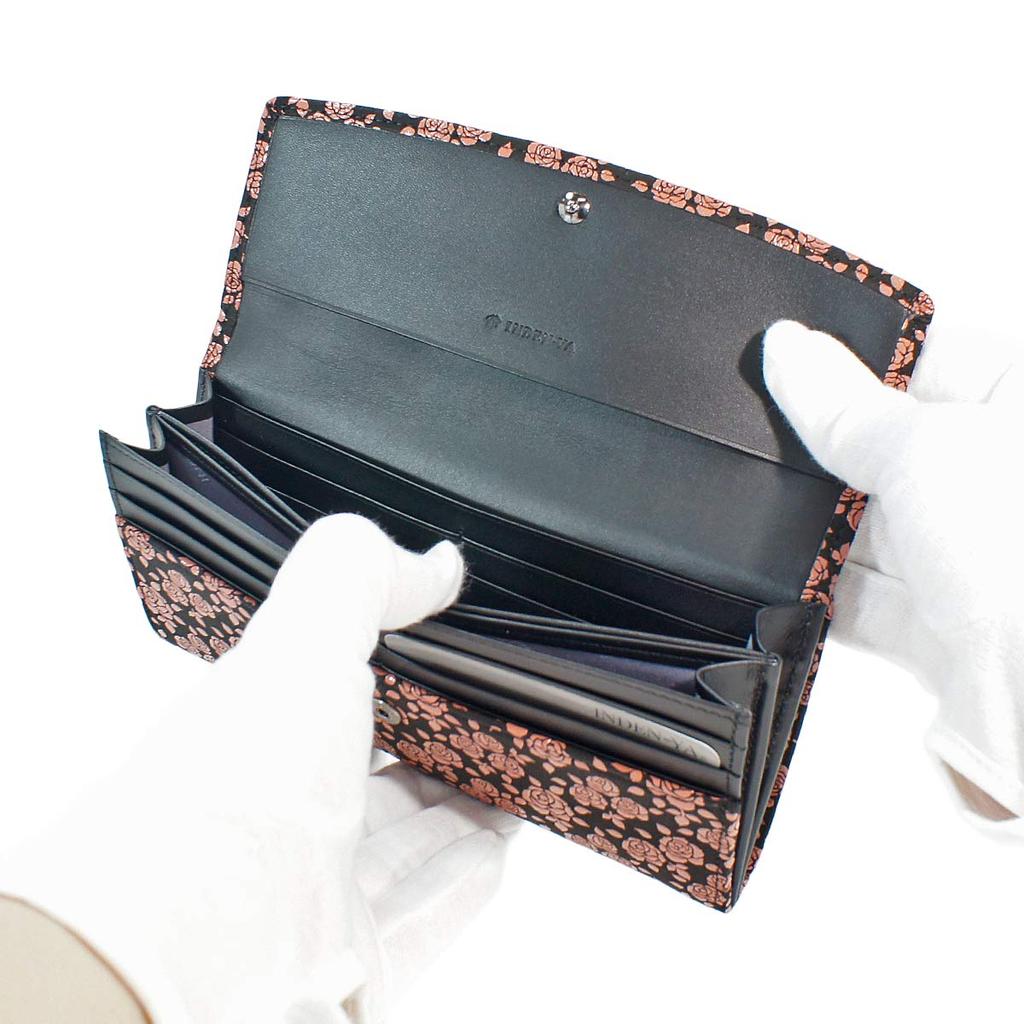 Inden Long Bundle Large Black X Pink Rose Petite [Indenya] Wallet, S, Capacity, Deerskin, Lacquer, 2310-51-176