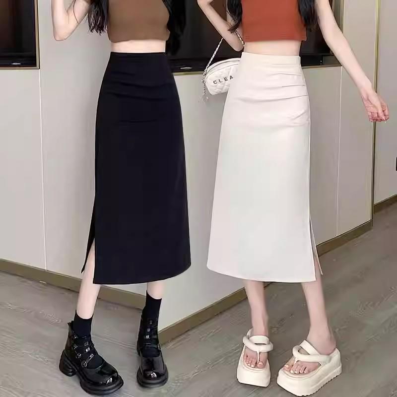 

2024 Women s High Waist Pleated A-line Midi Skirt with Slit Double Extra Large