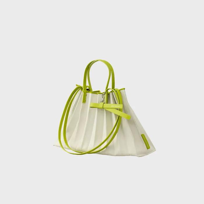 Lucky Pleats Canvas Coated Shopper L with Ribbon Lime