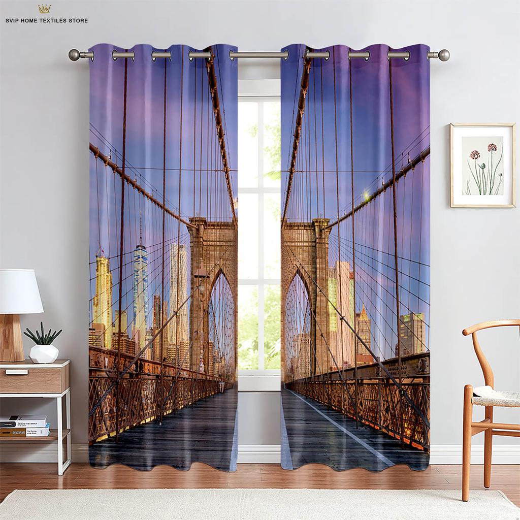 City Building 3D Printing Curtain, Night View Scenery, Bedroom, Living Room, Kitchen, Decorative, Easy To Wash and Care, 2 Pcs