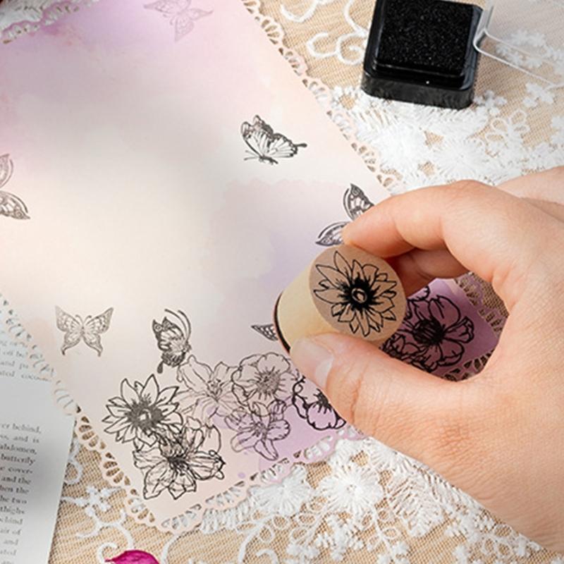 8Pcs Wood Craft Stamp Flower Stamper with Inkpad Scrapbooking Decorative Stamp for Scrapbooking Journal Planner Notebook