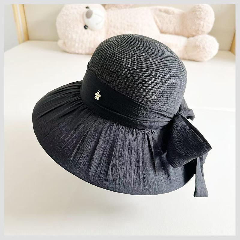

New bow straw hat with enlarged brim sun protection sun hat women s summer versatile anti-ultraviolet cool hat Adjustable чорний