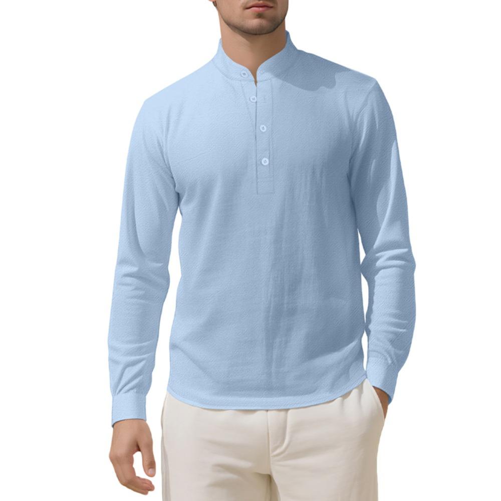 Pánské bavlněné lněné tričko s dlouhým rukávem Tenký volný top Retro Vintage Módní městské oblečení Stojatý střih Mládežnická velikost