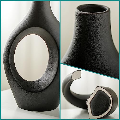 Levvohd Stylish Interior Vases, Black Base Ceramic, Hollow Ceramic Dried Flower Vase Set of 2 (Black Large)