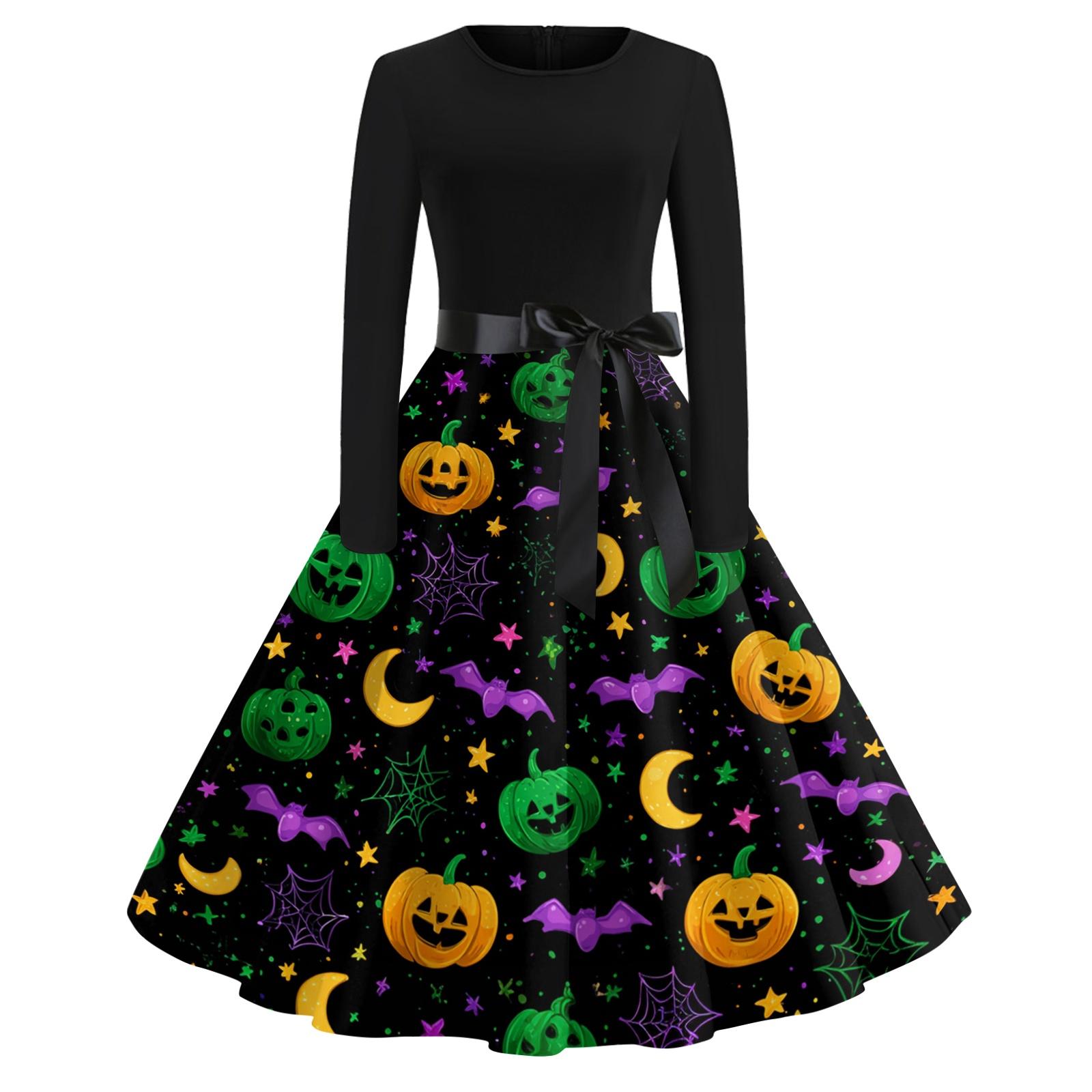 

Women s Vintage Long Sleeve Round Neck Halloween Print Party Dress Retro Style Full Skirt with Waist Tie Elegant Evening Dress S