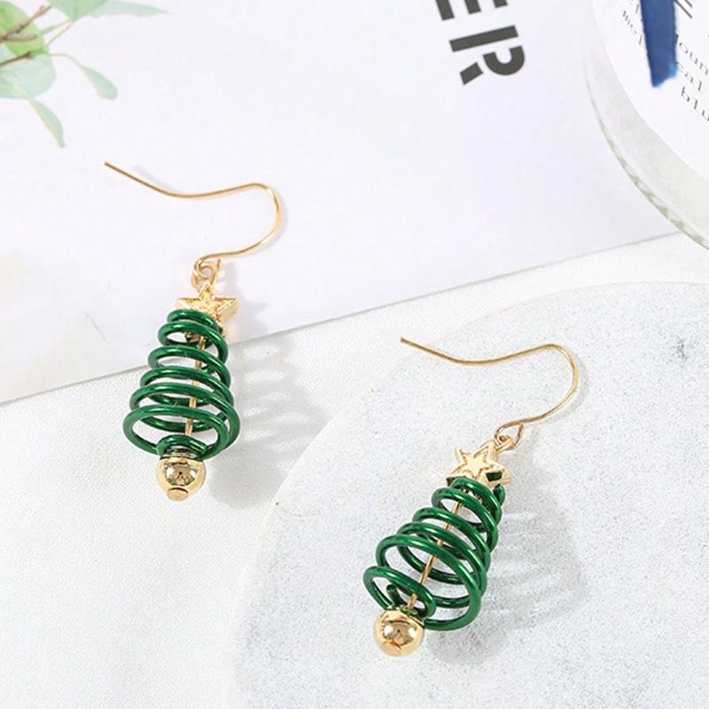 Moonfan 1 Pair Christmas Creative Multi-Layer Spring Five-Pointed Star Earrings, Fashionable Christmas Tree Stud Earrings
