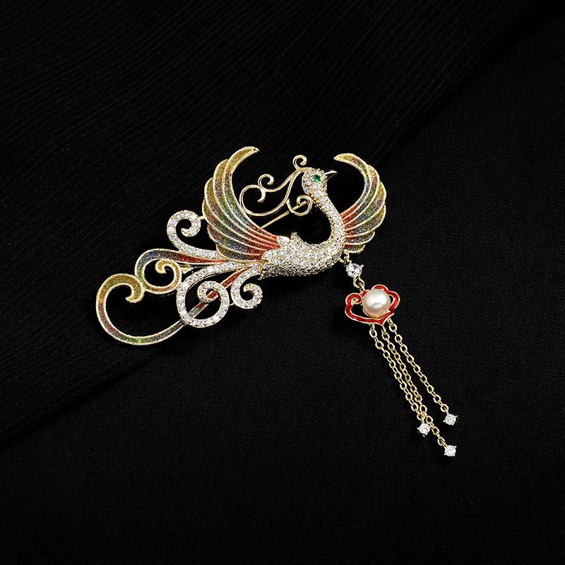 Medium Enamel Phoenix Brooch High-end Temperament Women's Pearl Fringed Pin Coat Suit Accessories Corsage