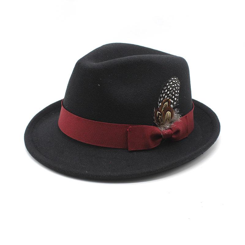 Herren Dicker Woll-Fedora-Hut mit Federbesatz Europäischer Stil