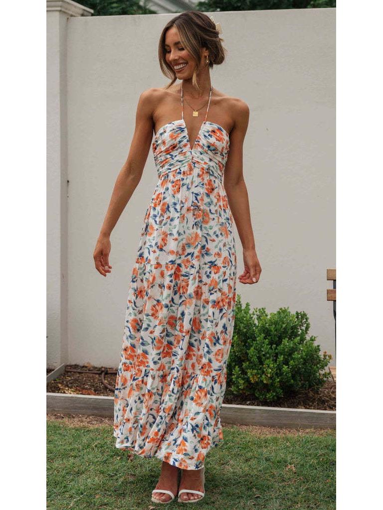2024 Women's V-neck Print Sleeveless Tie-up Maxi Dress