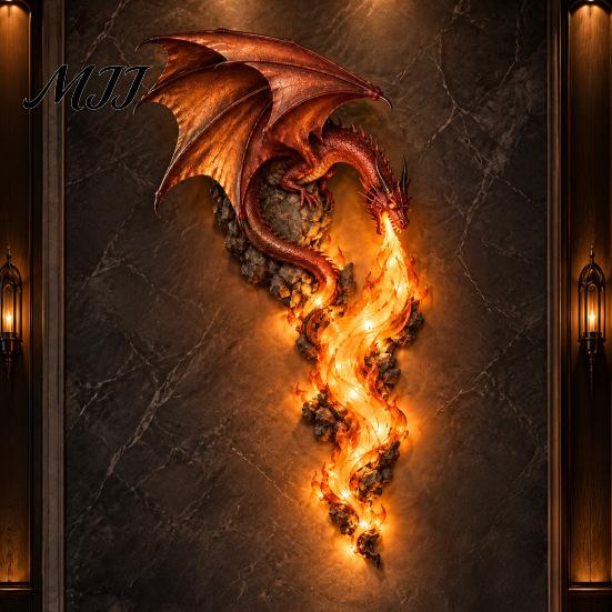 Led Night Light Dragonfire Guardian Wall Sconce, Gothic Fantasy Dragon Head Lamp, Vintage Resin Sculpture with Flame for Medieval Home Bar Decor