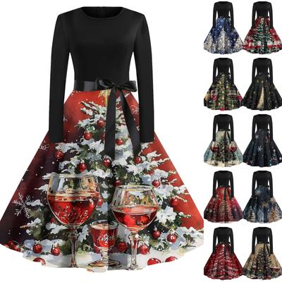 Women's Fashion Vintage Long Sleeve Round Neck Christmas Printed Evening Party Dresses Dresses