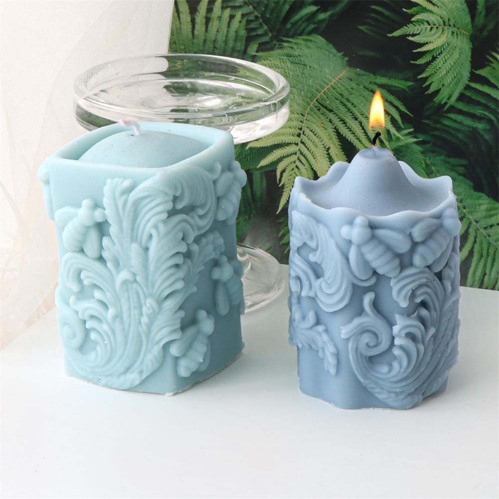 3D Retro Totem Relief Bee Honeycomb Candle Silicone Mold Cylindrical Square Column Pattern Cylindrical Candle Mould Gypsum Molds