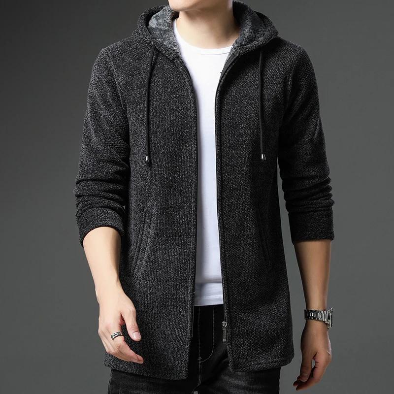 Autumn Winter Mens Hooded Cardigan Men Fleece Sweaters Cardigan Male Casual Jacket Knitted Windbreaker Long Sweater