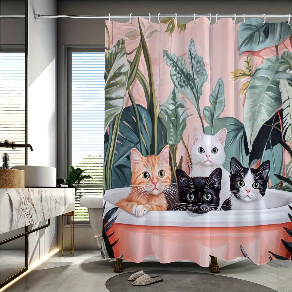 1pc Tropical Leaves & Kittens Shower Curtain - Playful Cat Design, Includes Hooks, Vibrant Digital Print for Bathroom Decor