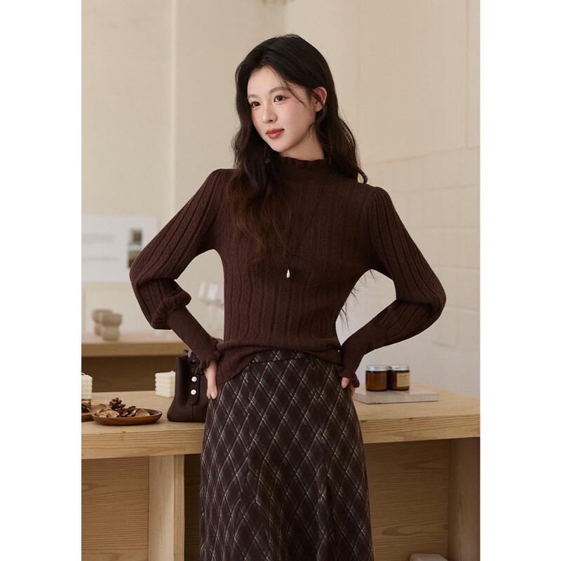 Women's Ruffle Trim Mock Neck Ribbed Knit Pullover