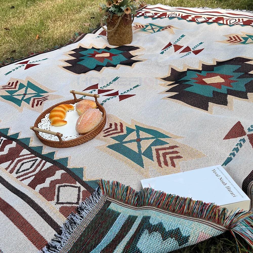 Aztec Blanket Oversized Boho Throw Blanket with Fringe Southwestern Geometric Tapestry Vintage Woven Throw Blankets Double-S