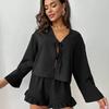 European and American autumn new cardigan lace-up long-sleeved ruffle edge shorts women's pajamas loose casual loungewear