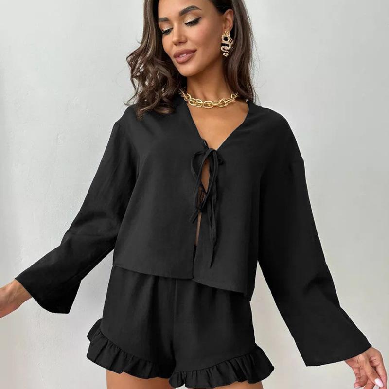 European and American autumn new cardigan lace-up long-sleeved ruffle edge shorts women's pajamas loose casual loungewear