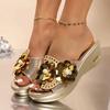 Fashion New Plus Size Women's Peep-Toe Wedge Sandals Glitter Rhinestone Flower Embellished Slip-On Slippers 2025 Summer Casual Shoes