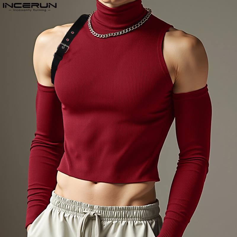 INCERUN Men Turtleneck Sleeveless Rib Casual Fitted Crop Tank Tops with Oversleeve