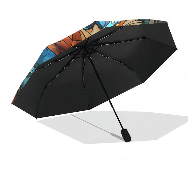 1pc Stained Glass Fox Design Automatic Folding Umbrella - Portable Tri-Fold Design with 8-Bone Iron Frame, Outdoor, Ideal Gift for Fans, Travelers, Da