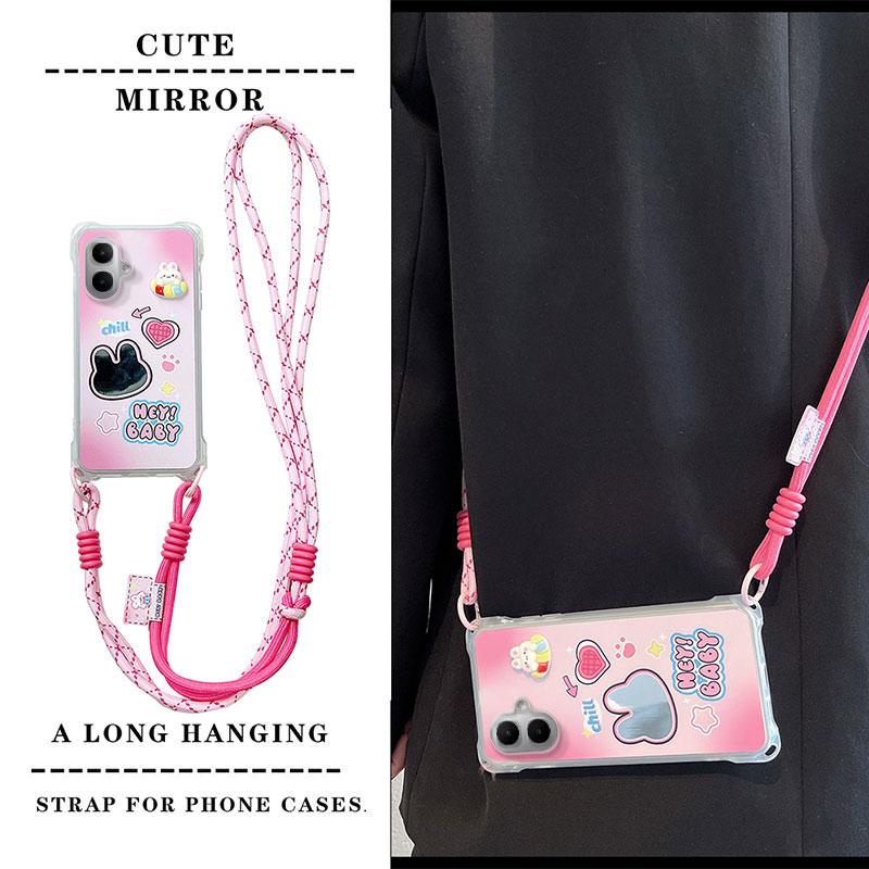 KEYSION Crossbody Strap Phone Case for Infinix Smart 10 Cute Cartoon Long Lanyard Mirror Shockproof Cover for TECNO Spark Go 2 Pop 10