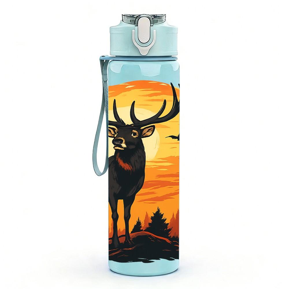 1PC Sunset Elk Pattern 750ml Color Plastic Sports Water Bottle Leakproof Flip Straw Lid Suitable for Sports Office Home Use