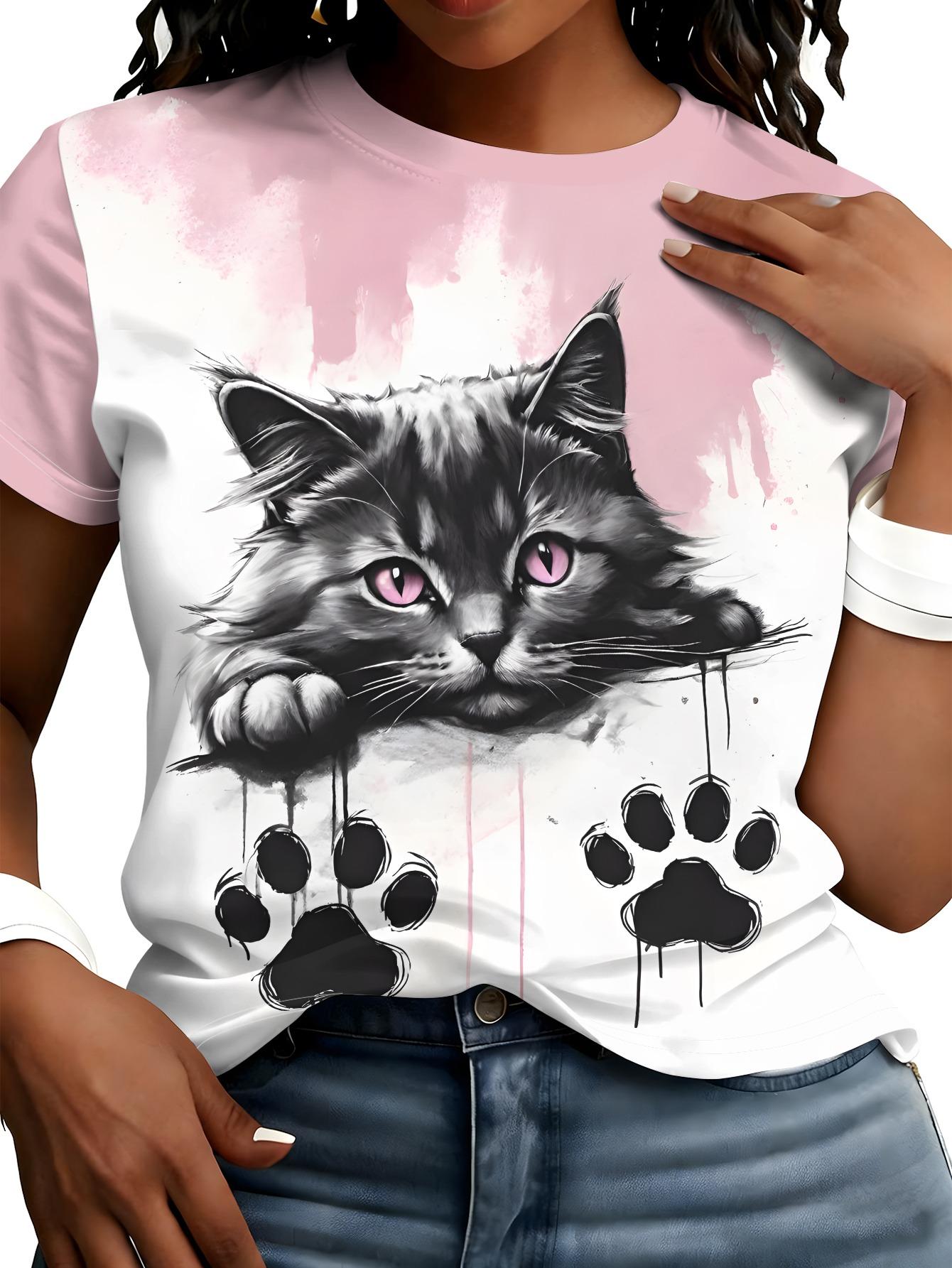 

Women s Pink ; White Cat Paw Print T-Shirt - Short Sleeve Blouse-Compatible Top with Kitten Paws Design. Machine Washable Summer Casual Shirt Suitable S дубильная кора