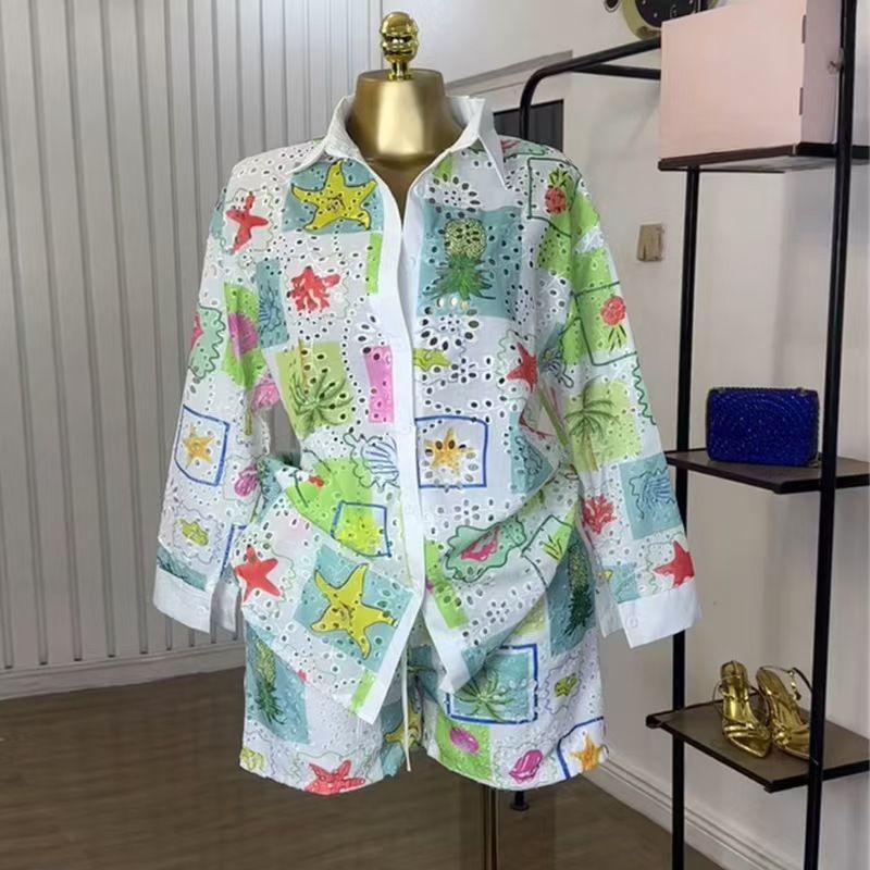 

European American Fashion Floral Print Cut Out Long Sleeves Shirt Shorts Suit Printed Shirt and Shorts Set Green L