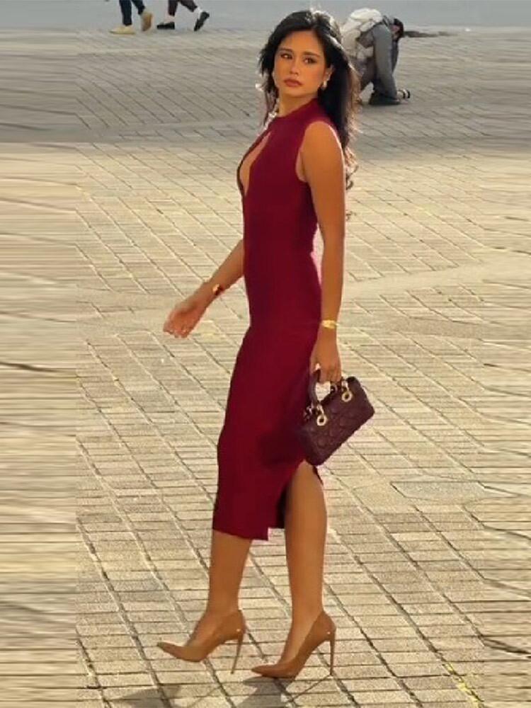 Europese & Amerikaanse Dames 2026 Herfst/Winter Sexy Midi Bodycon Jurk met Rits aan de Achterkant