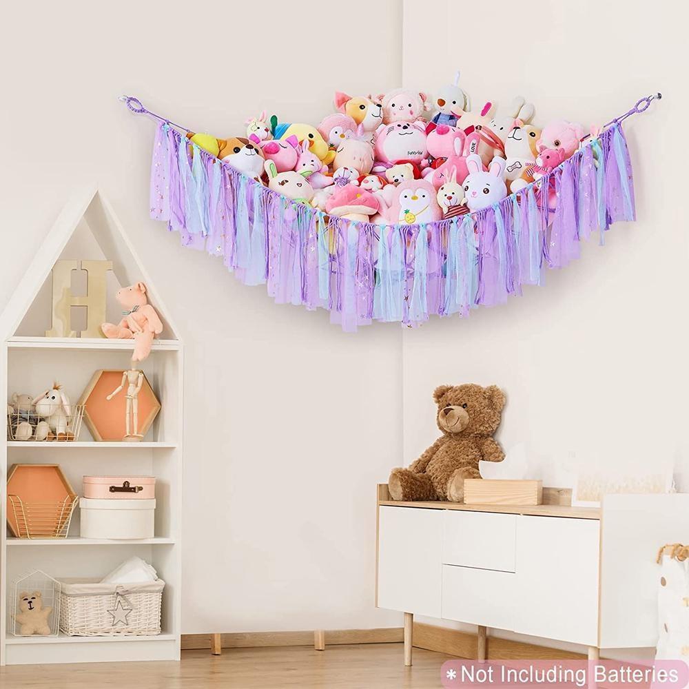 Stofftier-Netzhängematte zum Aufhängen, Plüschtier-Hängematte mit bunten Quasten, Hängematte für Stofftiere, für Kinder, Spielzimmer, Kinderzimmer, Dekoration