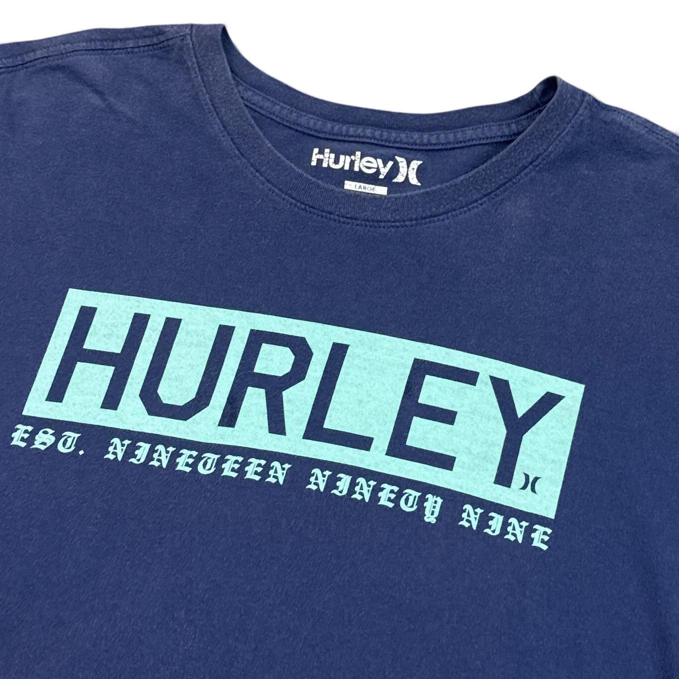 

Hurley T Shirt Mens Size Large Navy Blue Box Logo Surf Y2K Graphic Tee S