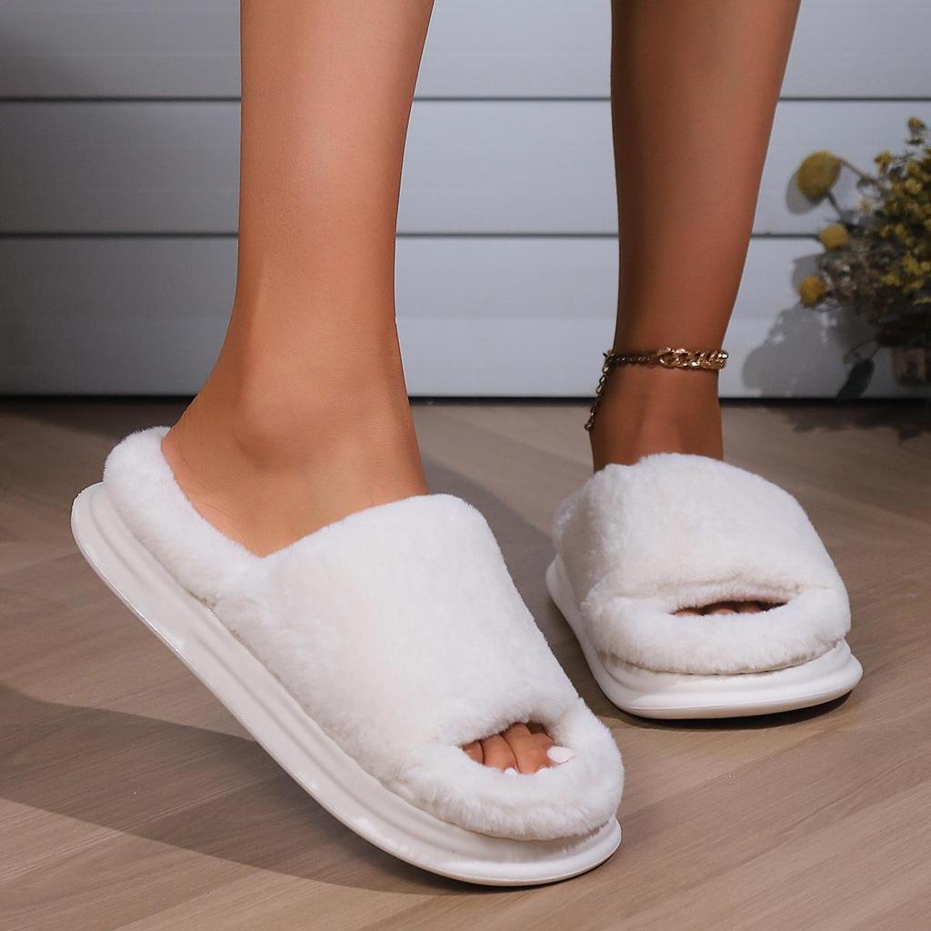 Gemütliche flauschige Hausschuhe aus Kunstfell, Einzelband, offene Zehenpartie, Plateau, Fuzzy-Schuhe, bequeme warme Hausschuhe: