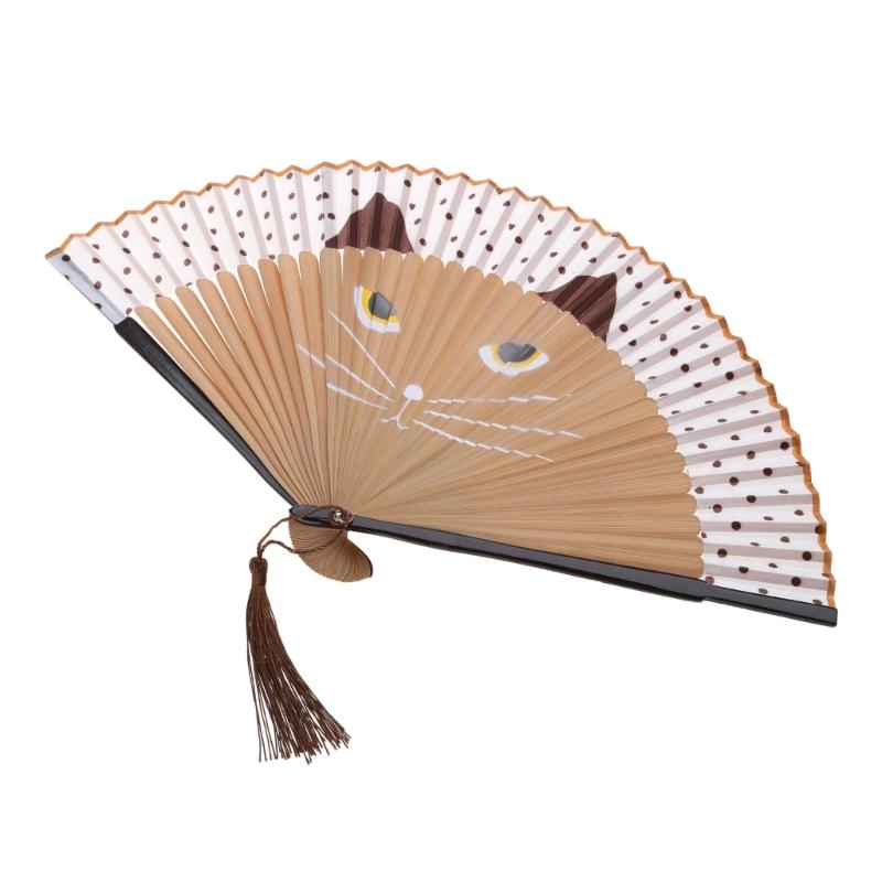 Cartoon Cat Hand Fan Chinese Japanese Folding Fan Silk Handheld Fan for Wedding Dancing Party Church Gifts Decoration