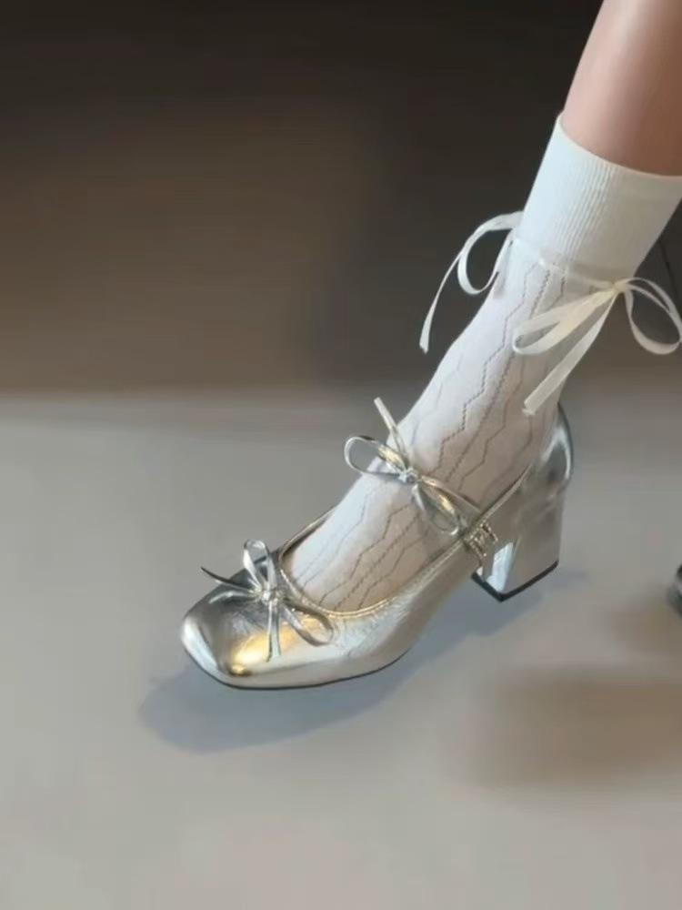 2025 New Versatile Silver French Bow Mary Jane Skirt Shoes - Women's Chunky Heel Spring Edition