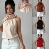 Camicia da Donna alla Moda con Scollo all'Americana a Spalla Scoperta, Colletto a Petalo, Monocolore, Senza Maniche, Vestibilità Slim