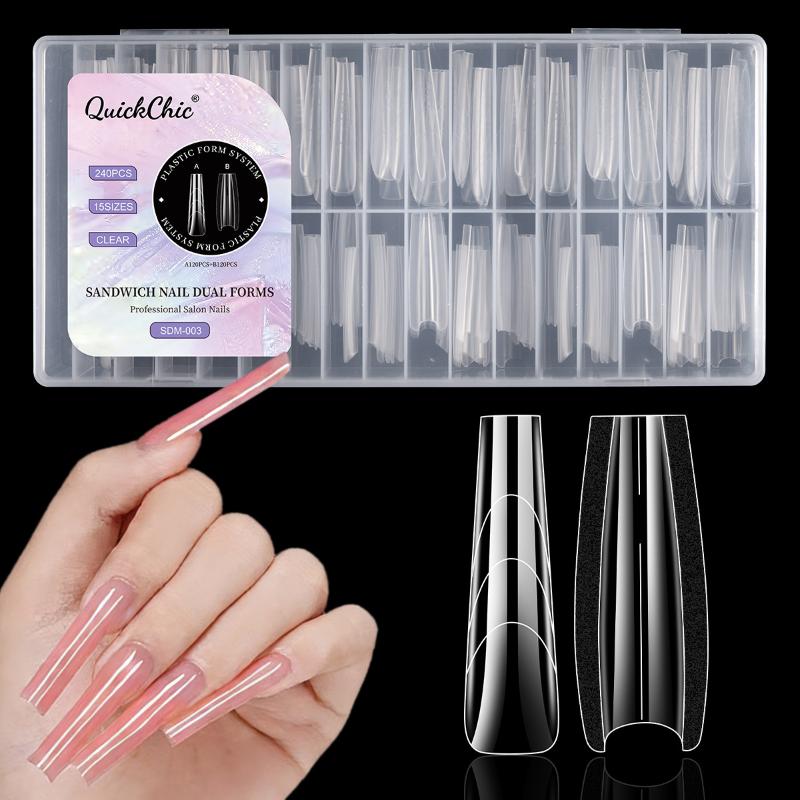 240Pcs Clear Dual Forms Nail Mold Sets Full Cover False Nail Tips Poly Nail Gel Mold Reusable Nail Top Form