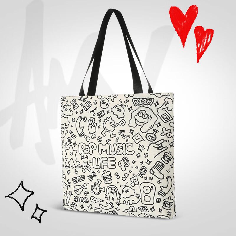 40000KM Cartoon Elements Canvas Bag, Handbag, Artistic Shopping Bag, Eco-Friendly Bag, Storage Pouch
