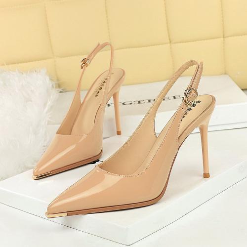 Sexy Sandals Women Pointed Toe High Heels Patent Leather Slim Heel Back Strap Simple Stiletto Shoes