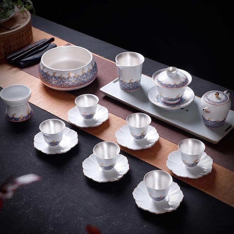 Ocean Wave Gilded Silver Enamel Kung Fu Tea Set