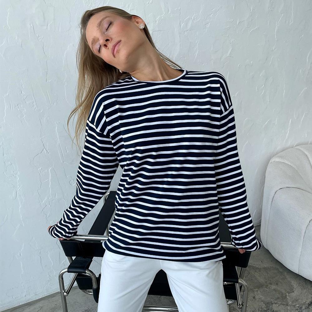 Spring Long Sleeved Striped T-shirt, Versatile European and American Casual Round Neck Pure Cotton Striped T-shirt
