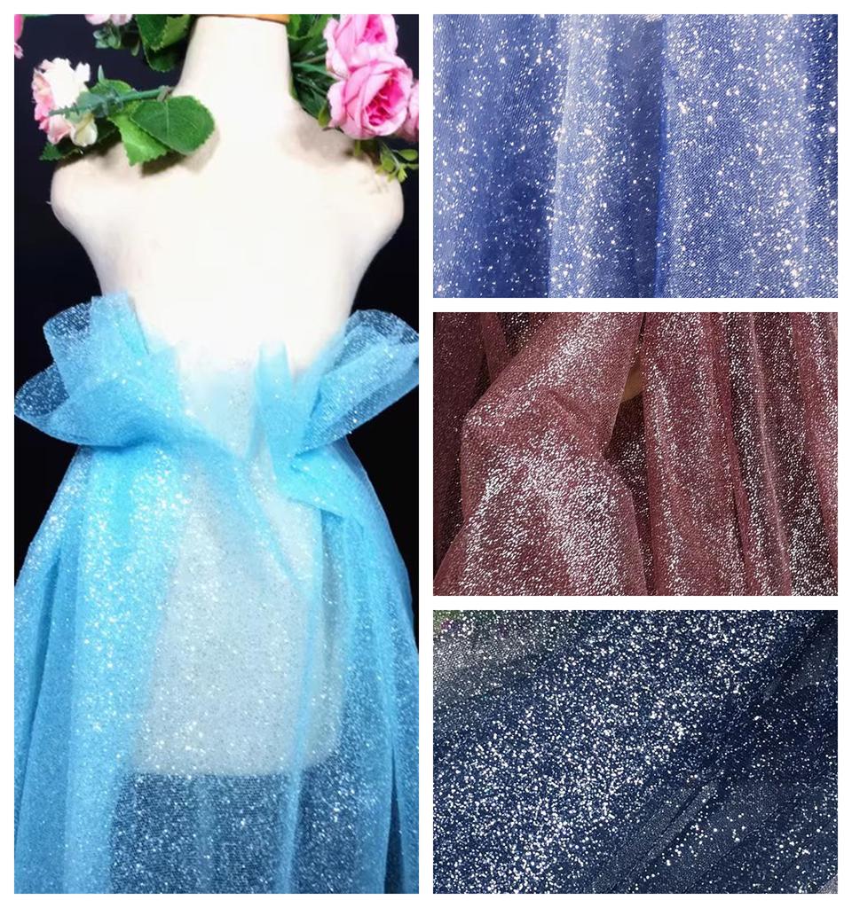Glitter Mesh Tulle Fabric By The Meter for Clothing Wedding Dress Shirt Veil Background DIY Sewing Decoration Cloth Blue Pink