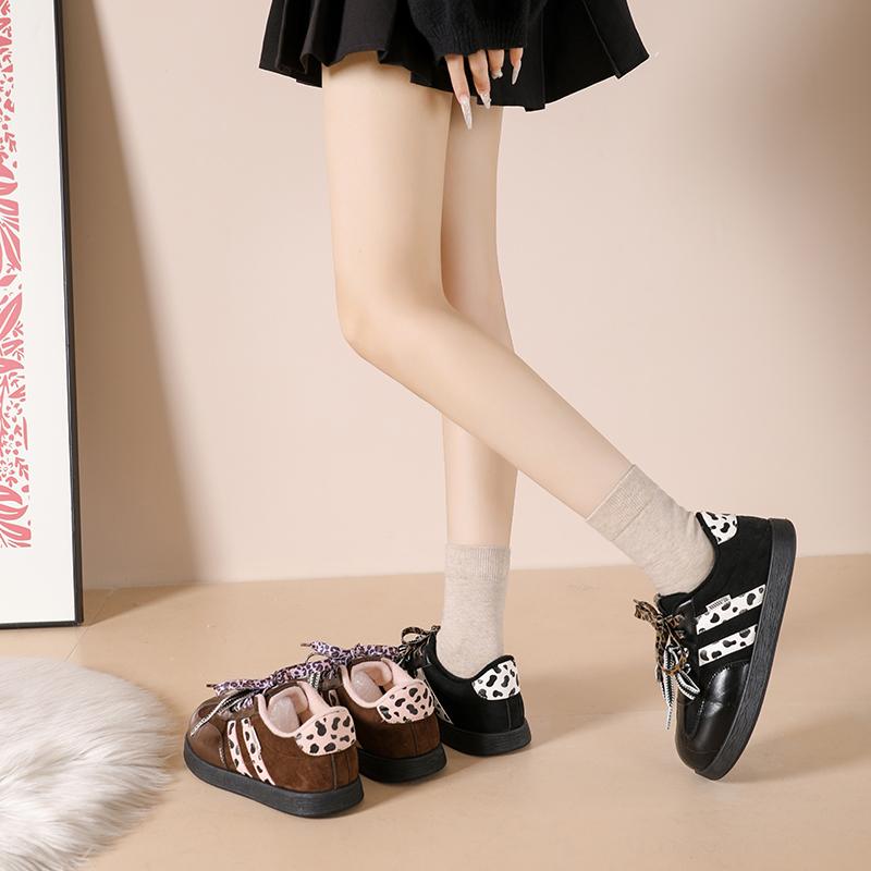 Plush Collar Women Chunky Sneakers Leopard Ribbon Lace Up Speckled Heel Panel Warm Casual Shoes