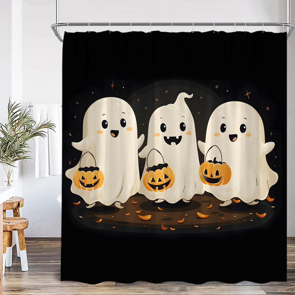 White Ghost Halloween Spectre Shower Curtain Pumpkin Lanten Spooky Happy Halloween Bathroom Decor Polyester Fabric Bath Curtain