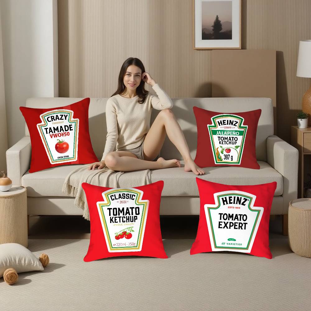 Federa Cuscino Divertente Etichetta Ketchup Tessuto Peluche Morbido Stampa Double Face Copricuscino per Divano Copricuscini