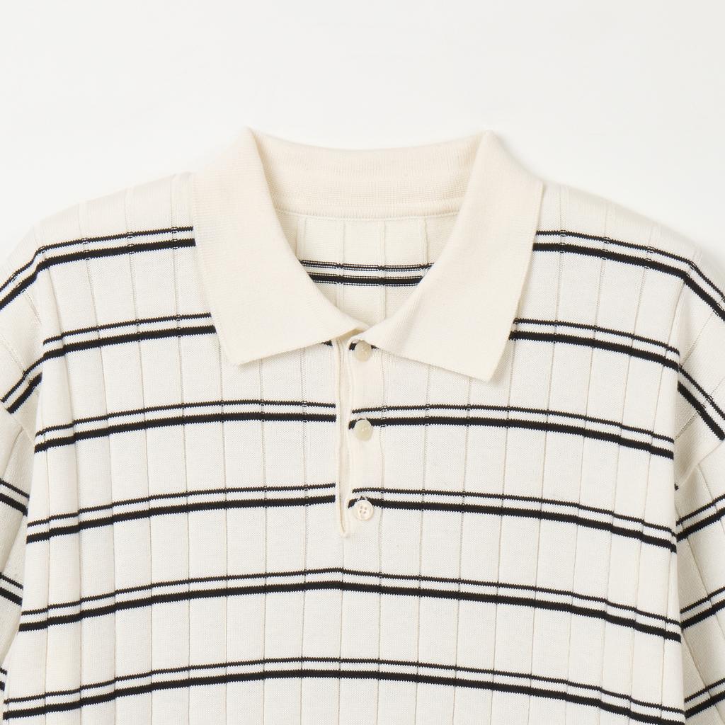 NODU Collar Block Stripe Short Sleeve Knit [Ivory]