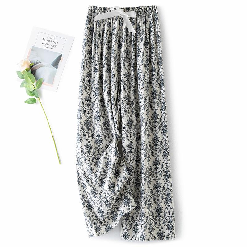 Pantaloni de pijama din bumbac mătase pentru femei, secțiune subțire de vară, anti-țânțari, pantaloni cu picior lat, culoare uni, pentru exterior, casă, petrecere a timpului liber, imprimeu, pantaloni de plajă până la genunchi