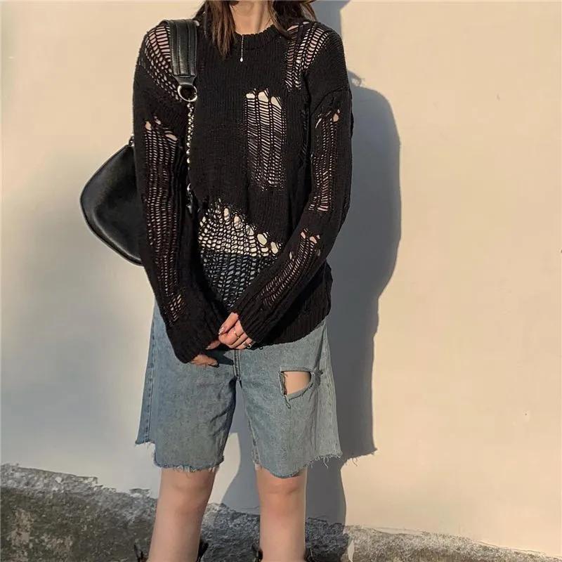 WTEMPO Spring Summer Long-sleeve Hollow-out Breathable Sweaters Solid Color Loose Thin Knitted Pullovers Jumpers Tops